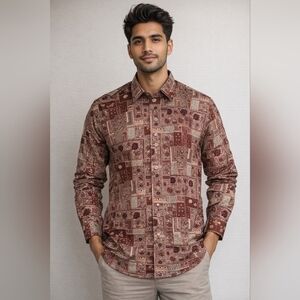 Men’s Maroon Patchwork Print Kurta Shirt | Long Sleeve | L/XL